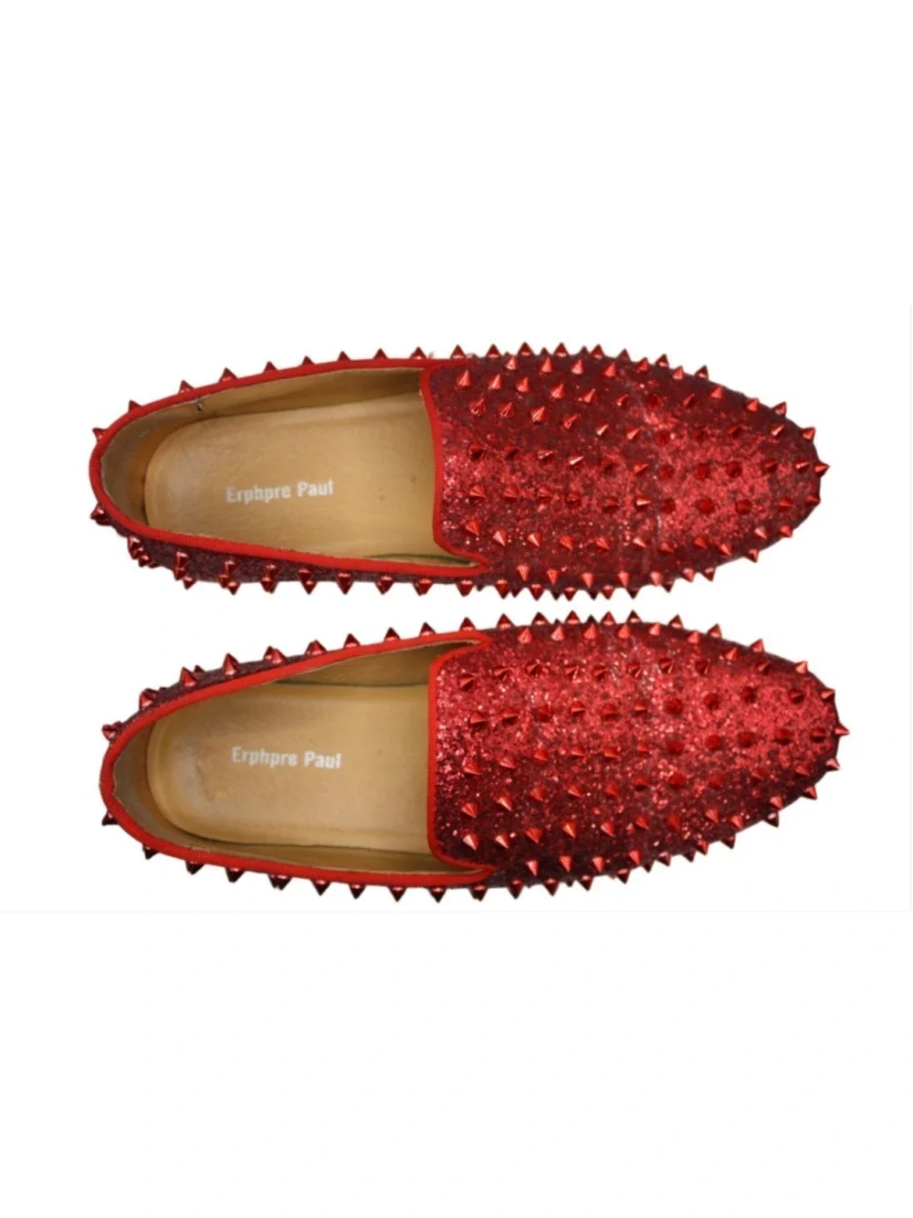 Erphpre Paul Men’s Red Glitter Spiked Loafers Studded Prom Dress Shoes Size 42